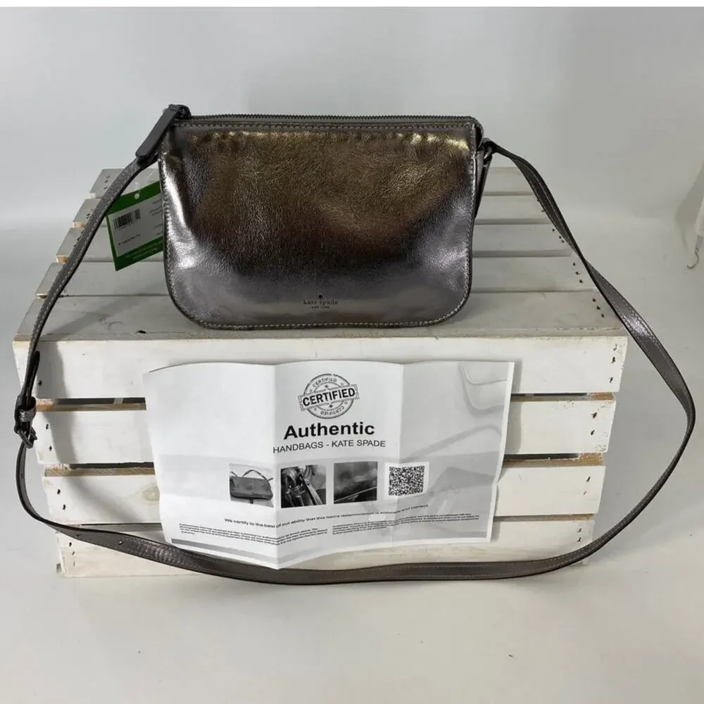 KATE SPADE NWT, PEWTER METALIC LEATHER WOMENS CROSSBODY BAG - Picture 2 of 12